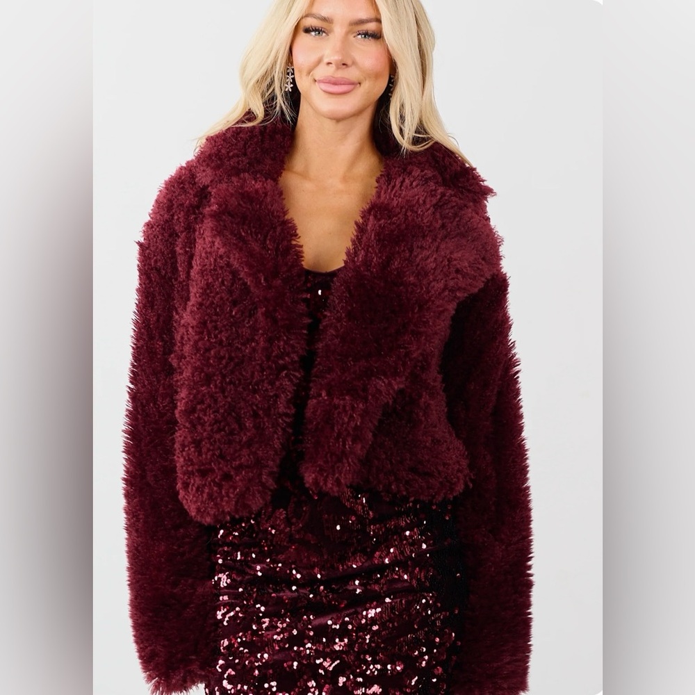 Faux Fur Burgundy Jacket and Midi Sequin Prom Dress